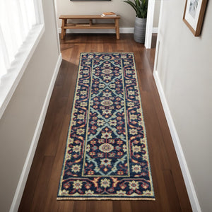 HomeRoots 8' Hand-Knotted Wool Floral Area Rug - Vintage-Style Blue Green Red Design, Stain-Resistant & Durable 8' Runner 511641