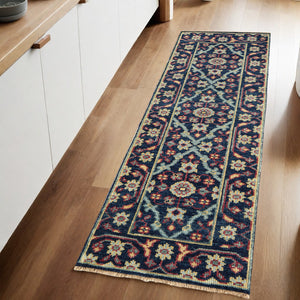 Homeroots 8' Blue And Green Wool Floral Hand Knotted Distressed Runner Rug With Fringe  Wool 511641