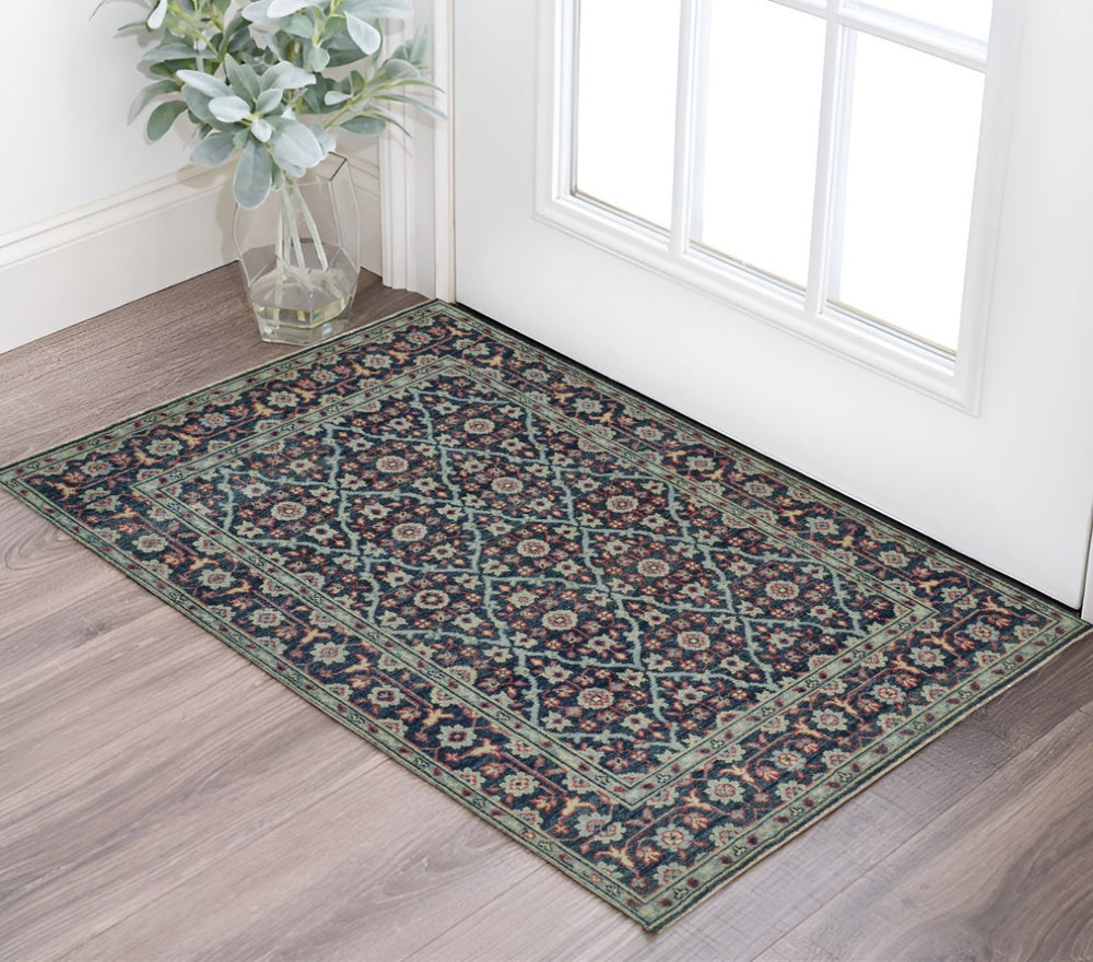HomeRoots 8' Hand-Knotted Wool Floral Area Rug - Vintage-Style Blue Green Red Design, Stain-Resistant & Durable 2' X 3' 511642