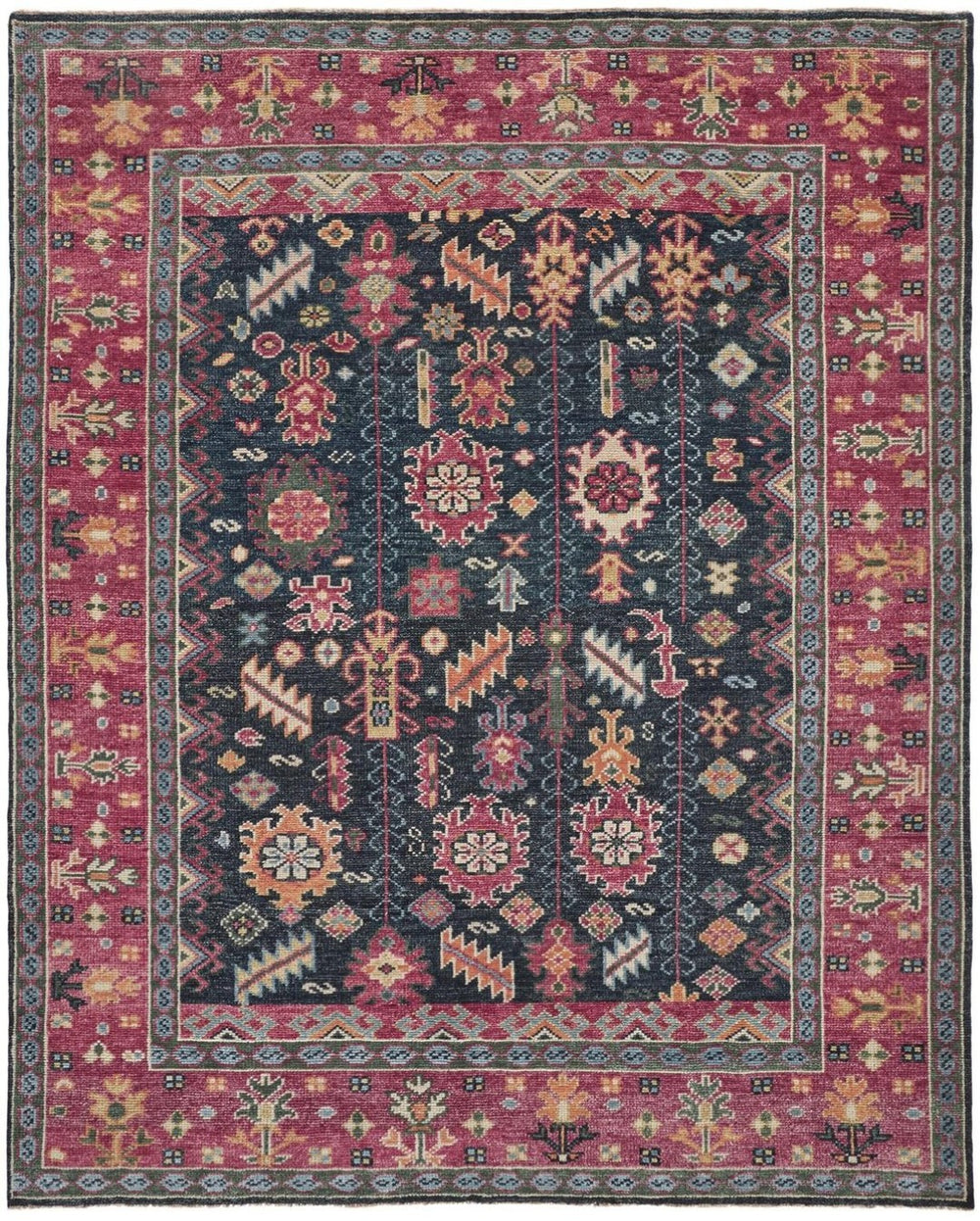 HomeRoots 4' Artisan Hand-Knotted Wool Tribal Area Rug in Dark Pink, Blue, and Black with Distressed Fringe Decor 2' X 3' 511649