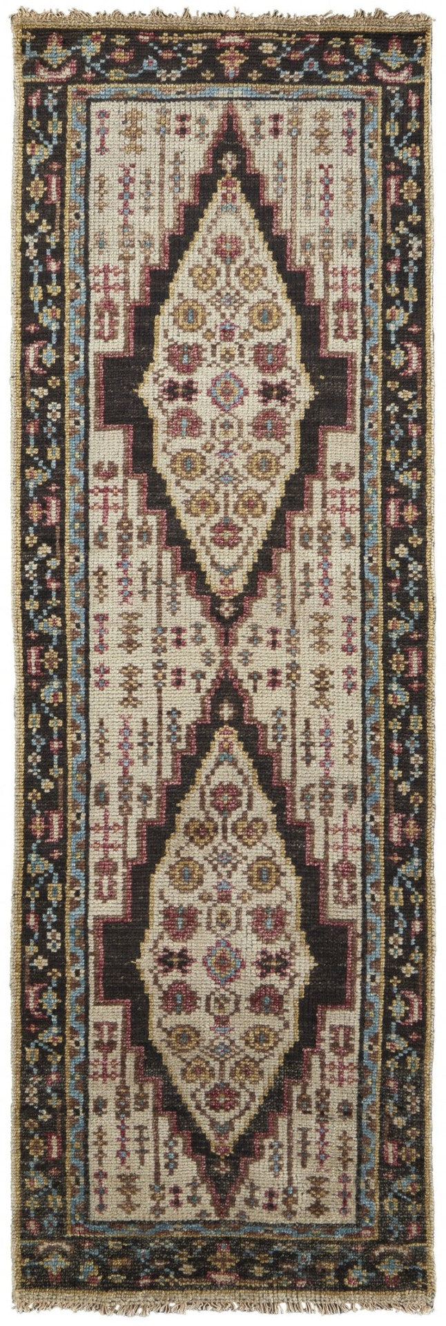 HomeRoots 8' Hand-Knotted Wool Floral Runner Rug in Green and Ivory - Vintage Style with Durable Design 8' Runner 511655