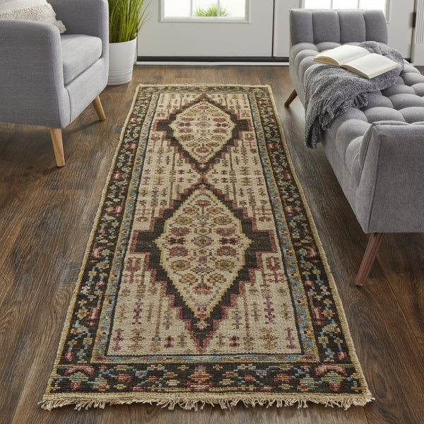 HomeRoots 8' Hand-Knotted Wool Floral Runner Rug in Green and Ivory - Vintage Style with Durable Design 8' Runner 511655