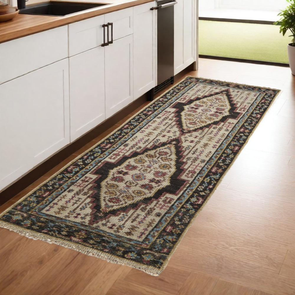 HomeRoots 8' Hand-Knotted Wool Floral Runner Rug in Green and Ivory - Vintage Style with Durable Design 8' Runner 511655