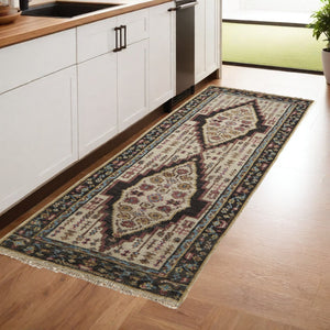 HomeRoots 8' Hand-Knotted Wool Floral Runner Rug in Green and Ivory - Vintage Style with Durable Design 8' Runner 511655