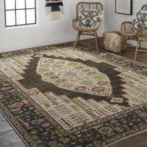 HomeRoots 8' Hand-Knotted Wool Floral Runner Rug in Green and Ivory - Vintage Style with Durable Design 2' X 3' 511656