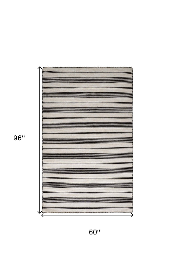 Homeroots 5' X 8' Black And White Striped Dhurrie Hand Woven Stain Resistant Area Rug Black,White Other Material 511658