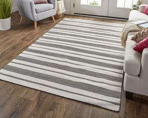 Homeroots 8' X 11' Black And White Striped Dhurrie Hand Woven Stain Resistant Area Rug Black,White Other Material 511659