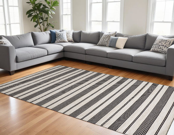 Homeroots 10' X 14' Black And White Striped Dhurrie Hand Woven Stain Resistant Area Rug Black,White Other Material 511660