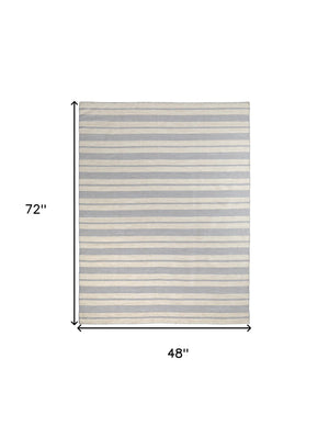 Homeroots 4' X 6' Blue And Ivory Striped Hand Woven Area Rug Blue,Ivory,Tan Recycled Pet 511661