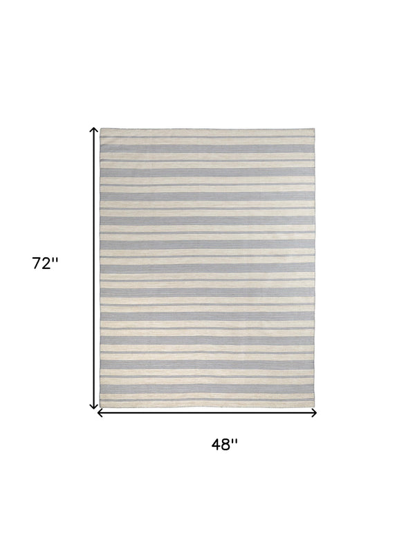 Homeroots 4' X 6' Blue And Ivory Striped Hand Woven Area Rug Blue,Ivory,Tan Recycled Pet 511661