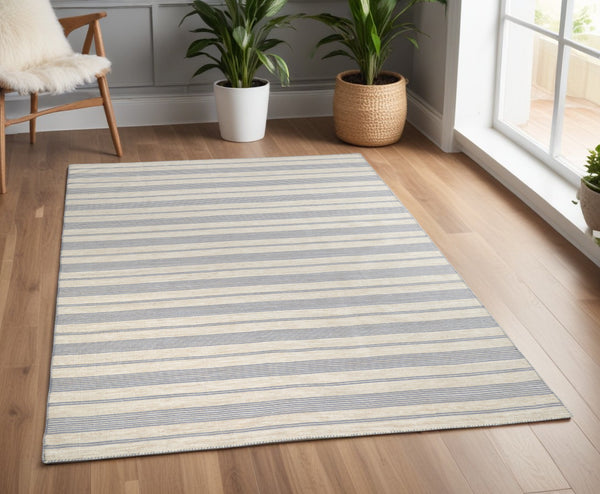 Homeroots 4' X 6' Blue And Ivory Striped Hand Woven Area Rug Blue,Ivory,Tan Recycled Pet 511661