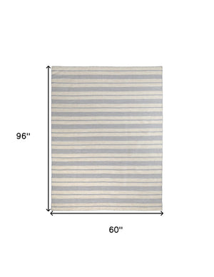 Homeroots 5' X 8' Blue Ivory And Tan Striped Dhurrie Hand Woven Stain Resistant Area Rug Blue,Ivory,Tan Other Material 511662