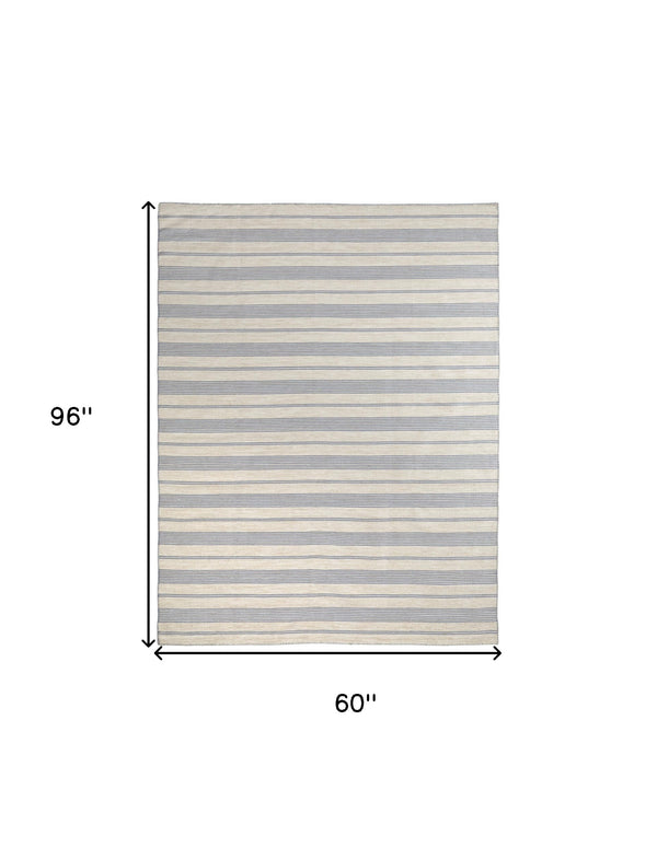 Homeroots 5' X 8' Blue Ivory And Tan Striped Dhurrie Hand Woven Stain Resistant Area Rug Blue,Ivory,Tan Other Material 511662