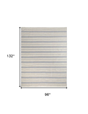 Homeroots 8' X 11' Blue Ivory And Tan Striped Dhurrie Hand Woven Stain Resistant Area Rug Blue,Ivory,Tan Other Material 511663