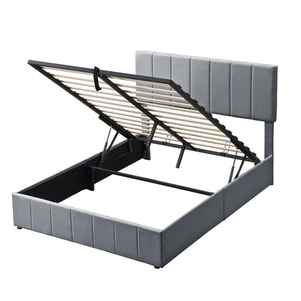 English Elm Full Size Linen Upholstered Platform Bed with Hydraulic Lift Storage and Foam Headboard N708P201551E