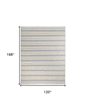 Homeroots 10' X 14' Blue Ivory And Tan Striped Dhurrie Hand Woven Stain Resistant Area Rug Blue,Ivory,Tan Other Material 511664