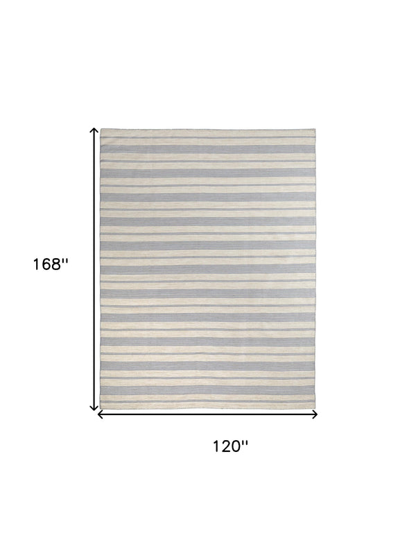 Homeroots 10' X 14' Blue Ivory And Tan Striped Dhurrie Hand Woven Stain Resistant Area Rug Blue,Ivory,Tan Other Material 511664