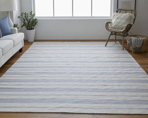 Homeroots 10' X 14' Blue Ivory And Tan Striped Dhurrie Hand Woven Stain Resistant Area Rug Blue,Ivory,Tan Other Material 511664