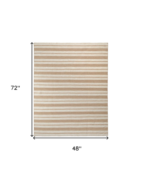 Homeroots 4' X 6' Brown And Ivory Striped Hand Woven Area Rug Ivory,Taupe,Brown Recycled Pet 511665