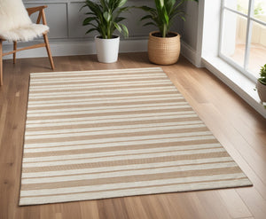 Homeroots 4' X 6' Brown And Ivory Striped Hand Woven Area Rug Ivory,Taupe,Brown Recycled Pet 511665