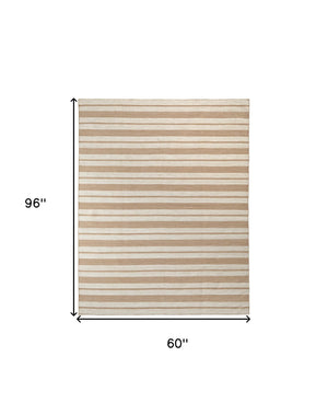 Homeroots 5' X 8' Ivory Taupe And Brown Striped Dhurrie Hand Woven Stain Resistant Area Rug Ivory,Taupe,Brown Other Material 511666