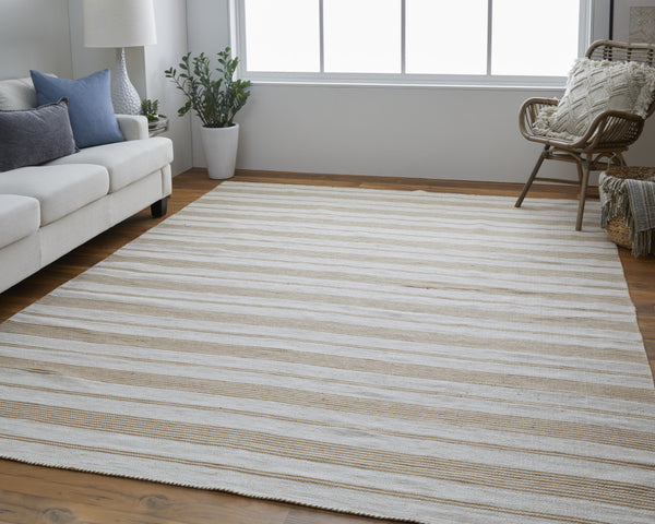 Homeroots 8' X 11' Brown And Ivory Striped Hand Woven Area Rug Ivory,Taupe,Brown Recycled Pet 511667