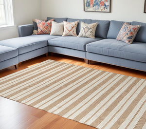 Homeroots 10' X 14' Ivory Taupe And Brown Striped Dhurrie Hand Woven Stain Resistant Area Rug Ivory,Taupe,Brown Other Material 511668