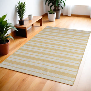 Homeroots 4' X 6' Yellow And Ivory Striped Dhurrie Hand Woven Stain Resistant Area Rug Yellow,Ivory Other Material 511669