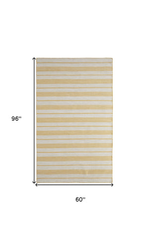 Homeroots 5' X 8' Yellow And Ivory Striped Dhurrie Hand Woven Stain Resistant Area Rug Yellow,Ivory Other Material 511670