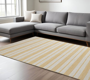 Homeroots 8' X 11' Yellow And Ivory Striped Hand Woven Area Rug Yellow,Ivory Recycled Pet 511671
