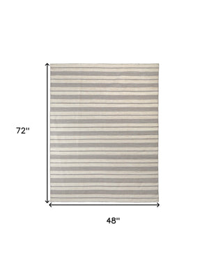 Homeroots 4' X 6' Gray And Ivory Striped Hand Woven Area Rug Gray,Ivory Recycled Pet 511672
