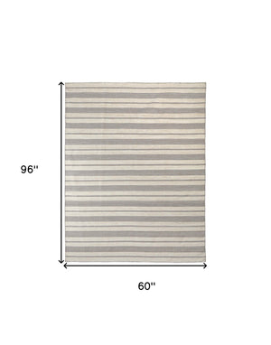 Homeroots 5' X 8' Gray And Ivory Striped Dhurrie Hand Woven Stain Resistant Area Rug Gray,Ivory Other Material 511673