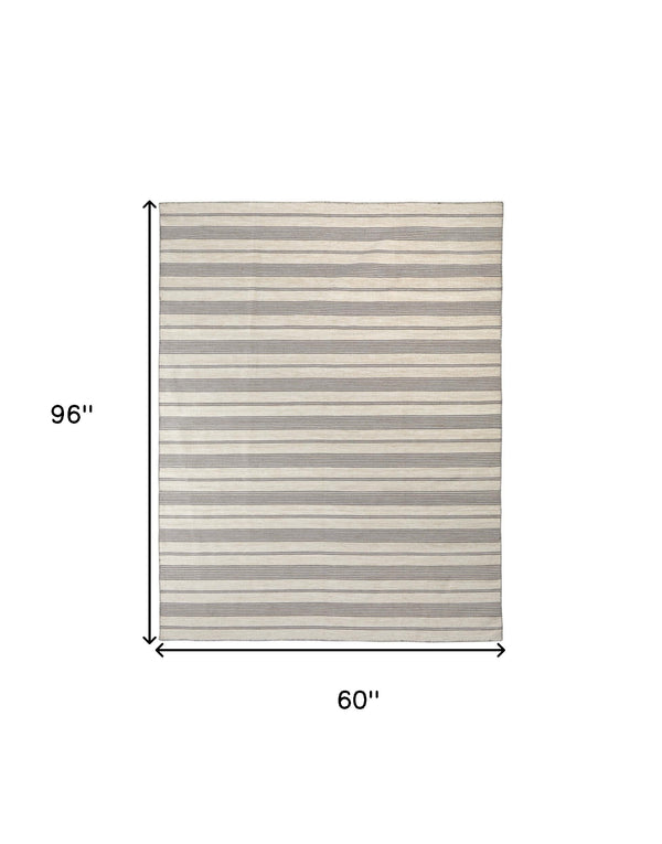 Homeroots 5' X 8' Gray And Ivory Striped Dhurrie Hand Woven Stain Resistant Area Rug Gray,Ivory Other Material 511673