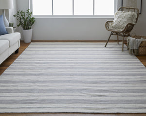 Homeroots 10' X 14' Gray And Ivory Striped Dhurrie Hand Woven Stain Resistant Area Rug Gray,Ivory Other Material 511675