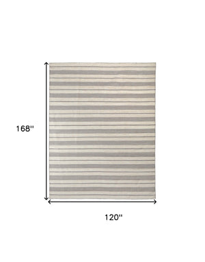 Homeroots 10' X 14' Gray And Ivory Striped Dhurrie Hand Woven Stain Resistant Area Rug Gray,Ivory Other Material 511675