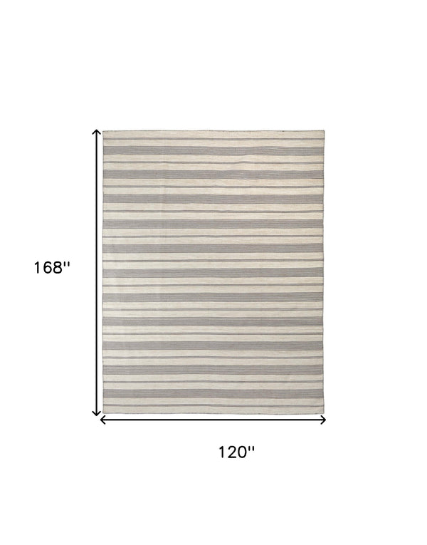 Homeroots 10' X 14' Gray And Ivory Striped Dhurrie Hand Woven Stain Resistant Area Rug Gray,Ivory Other Material 511675