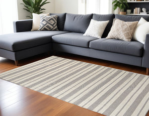 Homeroots 10' X 14' Gray And Ivory Striped Dhurrie Hand Woven Stain Resistant Area Rug Gray,Ivory Other Material 511675