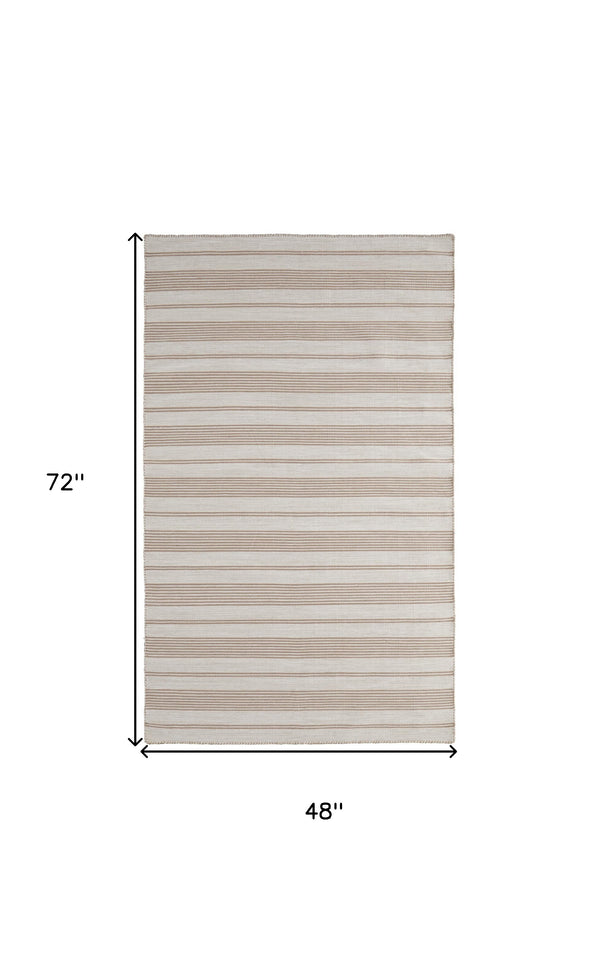 Homeroots 4' X 6' Ivory And Taupe Striped Dhurrie Hand Woven Stain Resistant Area Rug Ivory,Taupe Other Material 511676