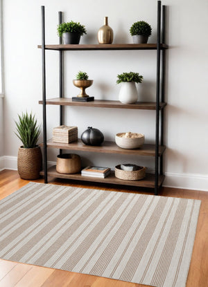 Homeroots 4' X 6' Ivory And Taupe Striped Dhurrie Hand Woven Stain Resistant Area Rug Ivory,Taupe Other Material 511676