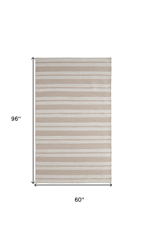 Homeroots 5' X 8' Ivory And Taupe Striped Dhurrie Hand Woven Stain Resistant Area Rug Ivory,Taupe Other Material 511677