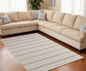 Homeroots 8' X 11' Ivory And Taupe Striped Dhurrie Hand Woven Stain Resistant Area Rug Ivory,Taupe Other Material 511678