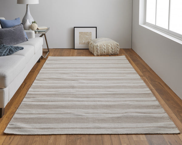 Homeroots 8' X 11' Ivory And Taupe Striped Dhurrie Hand Woven Stain Resistant Area Rug Ivory,Taupe Other Material 511678