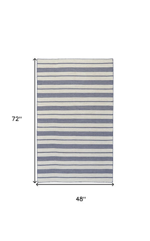 Homeroots 4' X 6' Blue And Ivory Striped Hand Woven Area Rug Blue,Ivory Recycled Pet 511680