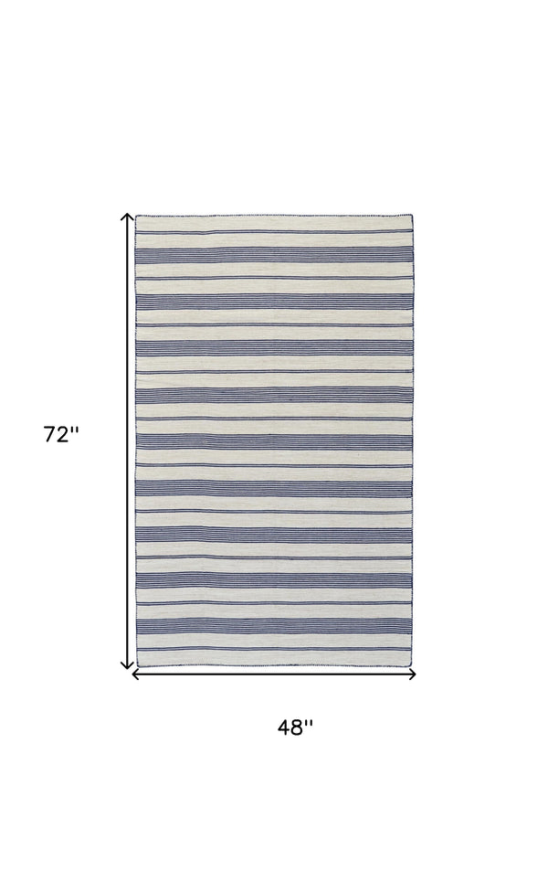 Homeroots 4' X 6' Blue And Ivory Striped Hand Woven Area Rug Blue,Ivory Recycled Pet 511680