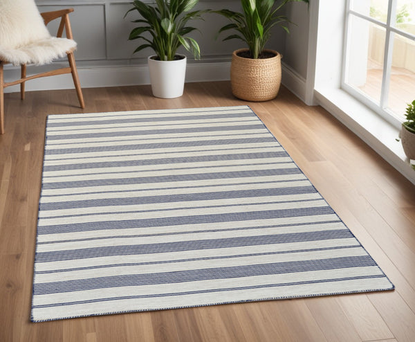 Homeroots 4' X 6' Blue And Ivory Striped Hand Woven Area Rug Blue,Ivory Recycled Pet 511680