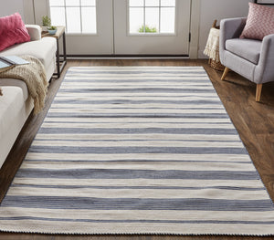 Homeroots 4' X 6' Blue And Ivory Striped Hand Woven Area Rug Blue,Ivory Recycled Pet 511680