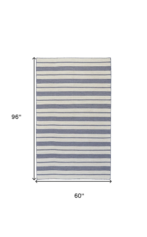 Homeroots 5' X 8' Blue And Ivory Striped Dhurrie Hand Woven Stain Resistant Area Rug Blue,Ivory Other Material 511681