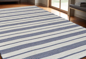 Homeroots 5' X 8' Blue And Ivory Striped Dhurrie Hand Woven Stain Resistant Area Rug Blue,Ivory Other Material 511681