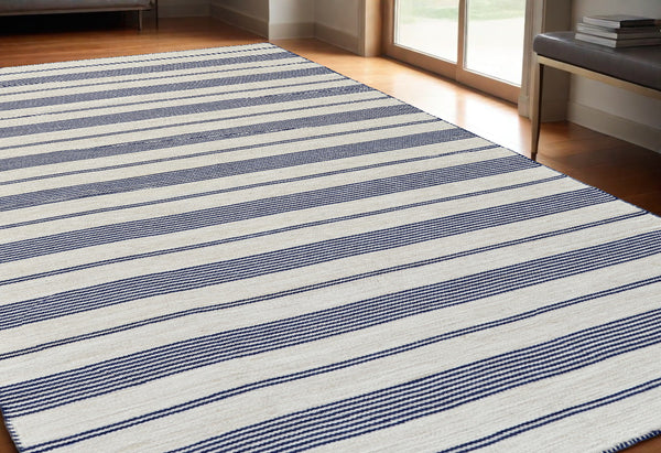 Homeroots 5' X 8' Blue And Ivory Striped Dhurrie Hand Woven Stain Resistant Area Rug Blue,Ivory Other Material 511681