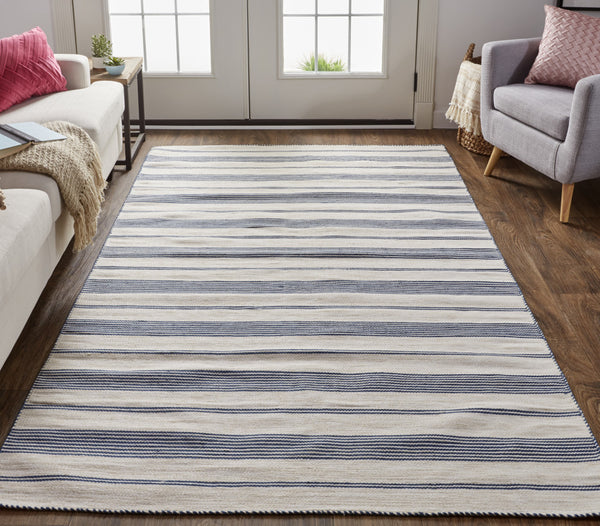 Homeroots 5' X 8' Blue And Ivory Striped Dhurrie Hand Woven Stain Resistant Area Rug Blue,Ivory Other Material 511681